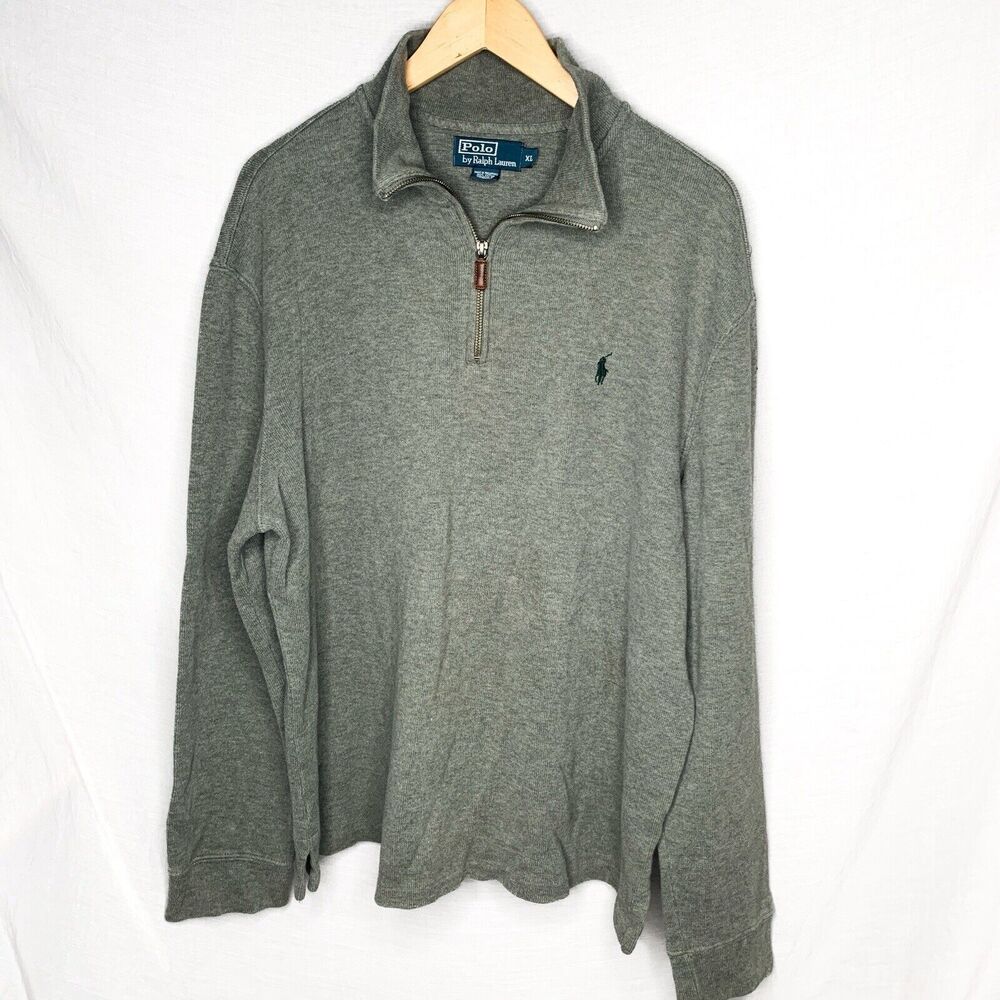 Polo Ralph Lauren Mens XLarge Sweater Gray Cotton Pullover 1/4 Zip Green Pony